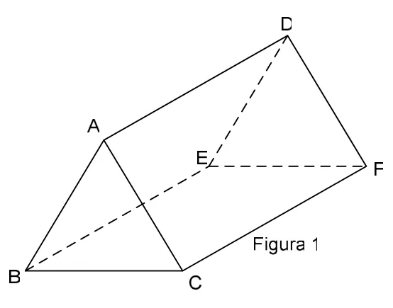 Figura 1: prisma dreaptă triunghiulară ABCDEF (cortul), cu bazele triunghiuri echilaterale ABC și DEF.