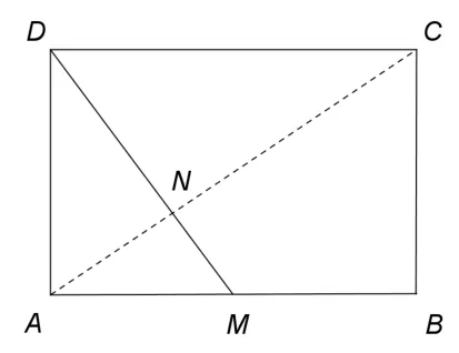 Figura 2: dreptunghiul ABCD cu M mijlocul lui AB; N pe DM; diagonala AC trasată punctat prin N.