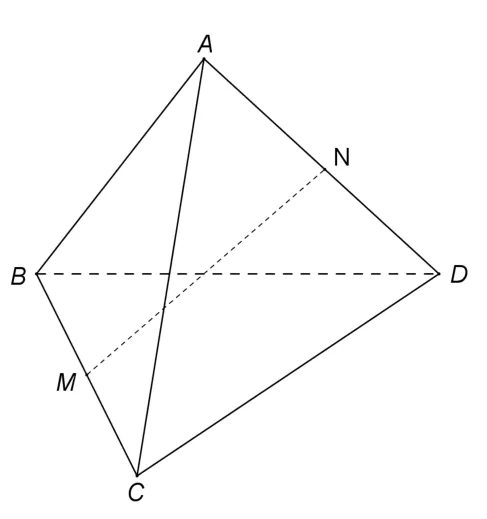 Figura 3: tetraedrul regulat ABCD cu M mijlocul lui BC și N mijlocul lui AD; segmentele AM și MN trasate.