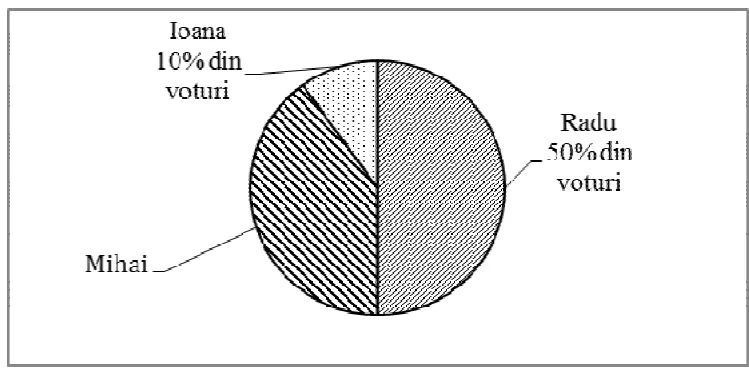 Diagramă circulară a voturilor: Radu 50% din voturi, Ioana 10% din voturi, restul pentru Mihai (procentul lui nu este scris).