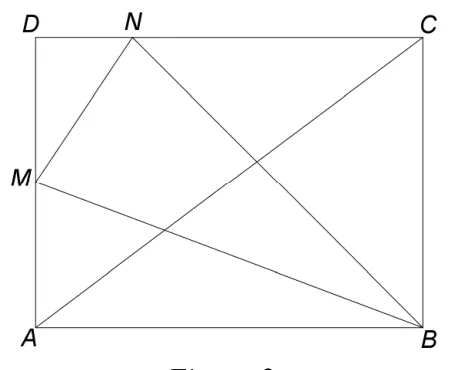 Figura 2: dreptunghiul ABCD cu diagonala AC; M mijlocul lui AD, N pe DC; segmentele MN, MB și NB trasate.