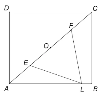Figura 2: dreptunghiul ABCD cu diagonala AC; O mijlocul lui AC; E și F mijloacele lui AO și CO; L pe AB cu LE = LF.