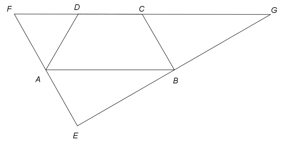 Figura 2: trapezul isoscel ABCD; E simetricul lui D față de AB, sub AB; dreptele EA și EB taie dreapta CD în F și G.