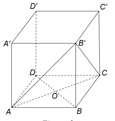 Figura 3: cubul ABCDA'B'C'D' cu O centrul bazei; triunghiul AB'C trasat.