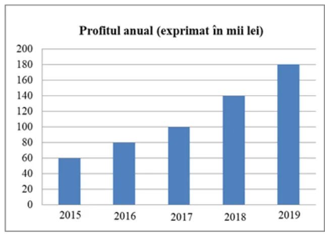 Diagramă cu profitul anual în mii lei: 2015, 60; 2016, 80; 2017, 100; 2018, 140; 2019, 180.