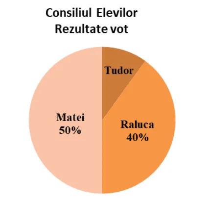 Diagramă circulară a votului: Matei 50%, Raluca 40%, Tudor sectorul rămas de 10%.