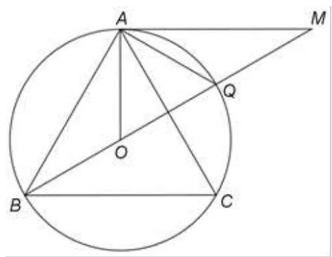 Figura 2: triunghiul echilateral ABC înscris în cerc, diametrul BQ și tangenta AM; punctele B,O,Q,M sunt coliniare.