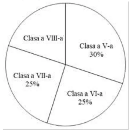 Diagramă circulară: clasa a V-a 30%, clasa a VI-a 25%, clasa a VII-a 25%; sectorul rămas este clasa a VIII-a.