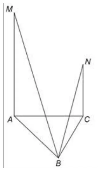 Figura 3: triunghiul echilateral ABC și punctele M deasupra lui A, N deasupra lui C, în aceeași parte a planului; MA și NC sunt perpendiculare pe plan, iar MN, MB și NB sunt trasate.