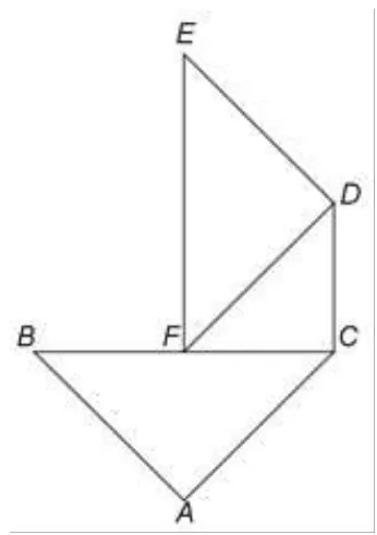 Figura 2: triunghiul ABC sub segmentul BC, cu A jos și F mijlocul lui BC; deasupra lui FC este triunghiul CDF, dreptunghic în C, și deasupra lui DF este triunghiul DEF, dreptunghic în D, cu E deasupra lui F.