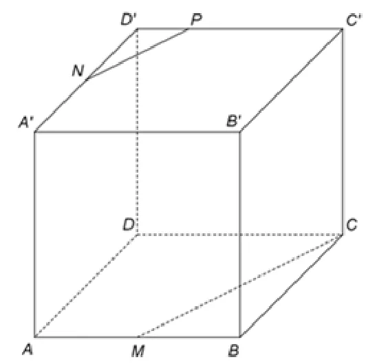 Figura 3: cubul ABCDA'B'C'D'; M mijlocul lui AB, N mijlocul lui A'D', P pe C'D'; segmentul NP trasat.