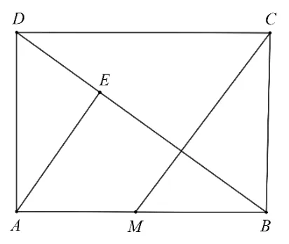 Dreptunghiul ABCD cu diagonala BD; M mijlocul lui AB; E pe BD; segmentele AE și CM trasate.