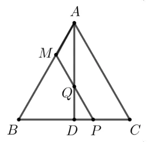 Triunghiul echilateral ABC cu înălțimea AD; M pe AB; paralela prin M la AC taie AD în Q și BC în P.