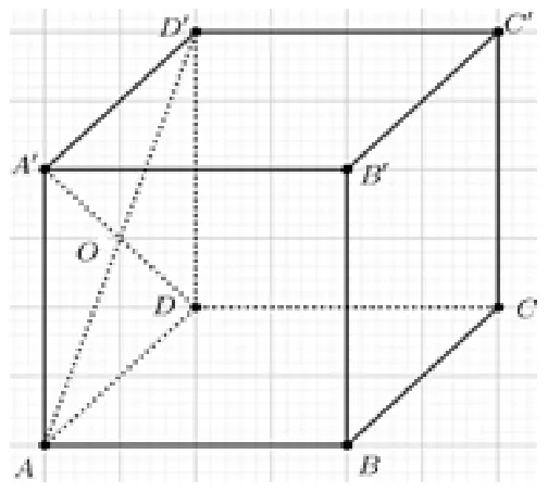 Cubul ABCDA'B'C'D' cu diagonalele de față AD' și A'D, care se intersectează în O.