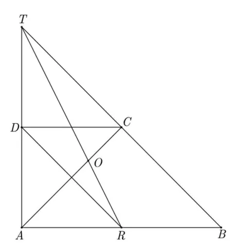 Trapezul dreptunghic ABCD; DR paralel cu BC, R pe AB; laturile AD și BC prelungite se întâlnesc în T; TR și AC se intersectează în O.