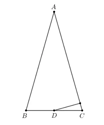 Triunghiul isoscel ABC cu vârful A sus; D mijlocul bazei BC și perpendiculara din D pe AC.