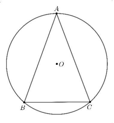Triunghiul isoscel ABC înscris în cercul de centru O, cu baza BC jos.