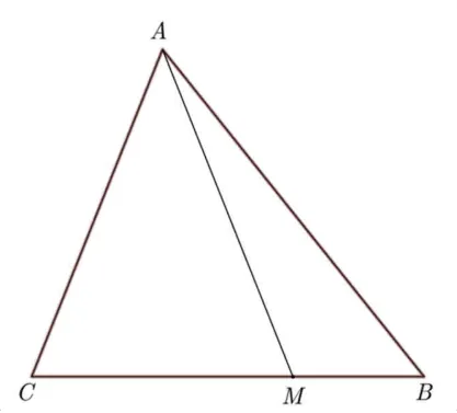 Triunghiul ABC cu punctul M pe latura BC, mai aproape de B; segmentul AM trasat.
