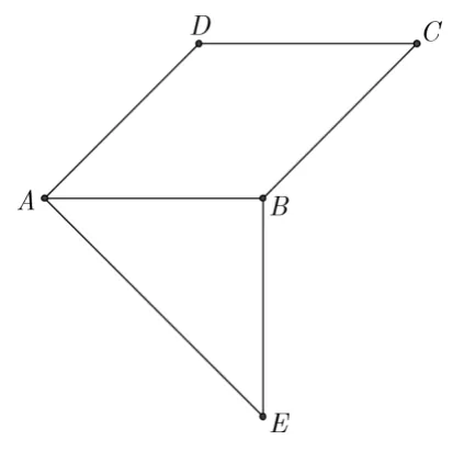 Rombul ABCD deasupra dreptei AB și triunghiul dreptunghic isoscel ABE sub ea, cu unghiul drept în B.