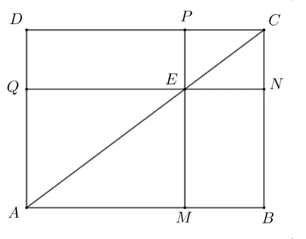 Dreptunghiul ABCD cu diagonala AC; prin punctul E de pe AC trec QN paralel cu AB și PM paralel cu BC.