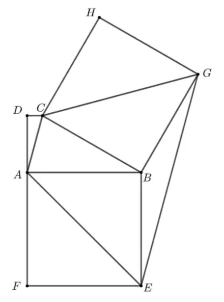 Trapezul dreptunghic ABCD cu pătratul ABEF construit sub latura AB și pătratul BCHG construit pe latura BC; sunt trasate AE, EG, GC și AC.