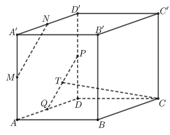 Cubul ABCDA'B'C'D' cu M, N, P, Q mijloacele lui AA', A'D', DD', AD; T mijlocul lui PQ; segmentele MN, PQ și CT trasate.