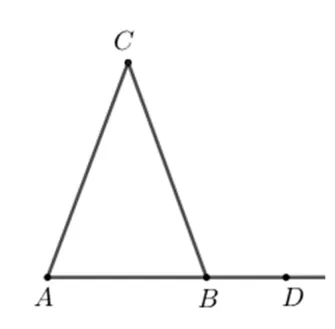 Triunghiul isoscel ABC cu vârful C sus; latura AB este prelungită dincolo de B până în punctul D.