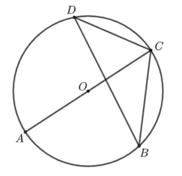 Cerc de centru O cu punctele A, B, C, D pe cerc; AC este diametru, sunt trasate coardele DB, DC și CB.