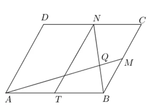Paralelogramul ABCD cu M mijlocul lui BC, N mijlocul lui CD, T mijlocul lui AB; sunt trasate AM, BN și TN, iar Q este intersecția dreptelor BN și AM.