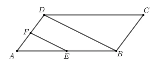 Paralelogramul ABCD cu diagonala BD; E este mijlocul lui AB, F mijlocul lui AD, iar segmentul EF este trasat.