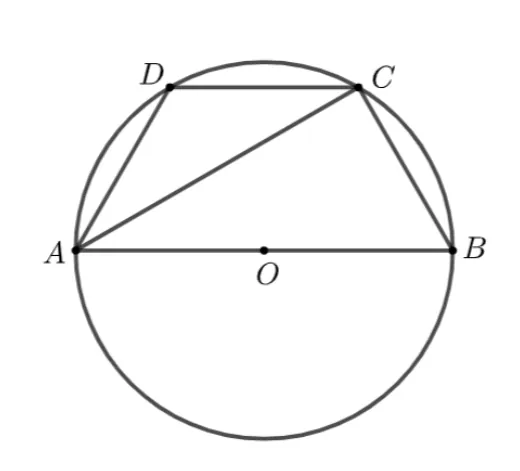 Cercul de centru O cu diametrul AB și coarda CD paralelă cu AB; patrulaterul ABCD și diagonala AC sunt trasate.