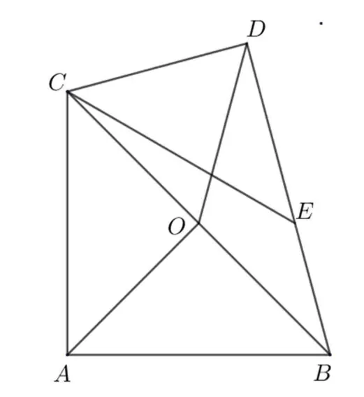 Triunghiul dreptunghic isoscel ABC (unghiul drept în A) și triunghiul dreptunghic BDC de cealaltă parte a ipotenuzei BC; O este mijlocul lui BC, E este pe BD și sunt trasate AO, OD și CE.